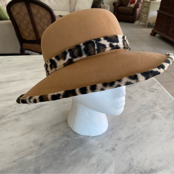 Preston & York 100% Wool Hat Camel Tan Cheetah Trim Print Women’s Hat Derby Hat - Picture 4 of 12